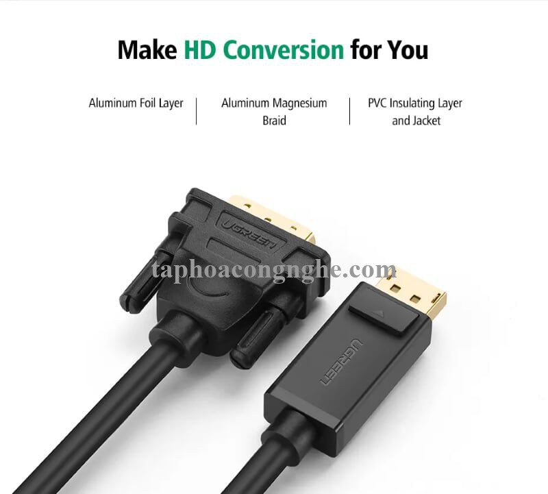 Ugreen 10222 3M màu Đen Cáp chuyển đổi DP sang DVI 24 + 1 Hỗ trợ độ phân giải 1920x1201 DP103 30010222